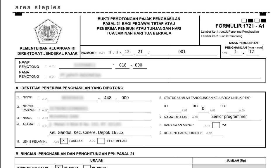 Formulir 1721-A1 bukti potong PPH 21 untuk karyawan swasta